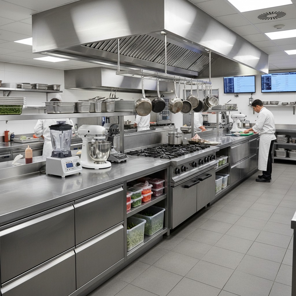 Uma cozinha industrial limpa de aço inoxidável equipada com balcões, fogões, panelas penduradas e chefs preparando alimentos.